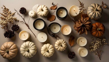 Seasonal flat lay arrangement with pumpkins and candles, autumn holiday atmosphere captured in warm aesthetic, artistic decorative composition highlighting cozy charm and festive celebration mood.