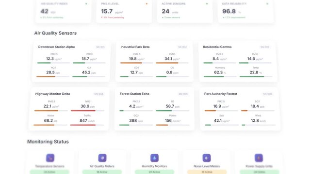 Environmental monitoring dashboard with real-time air quality sensors and pollution data visualization interface
