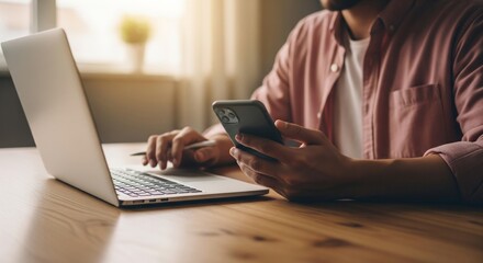 Fototapeta premium Young Man Working with Smartphone and Laptop at Desk
