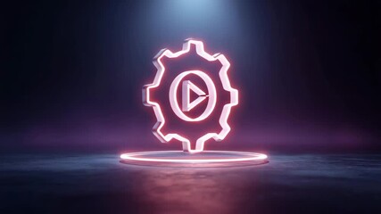 Neon gear and play icon glowing in a futuristic dark environment - Powered by Adobe