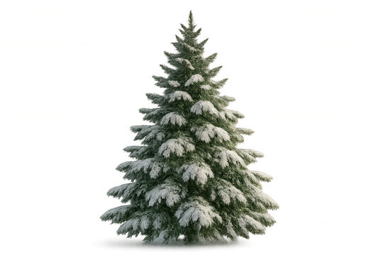 Evergreen pine tree covered in white snow, representing winter, christmas, and holiday season, on a transparent background