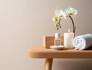 White orchid candle and essential oil on cork table