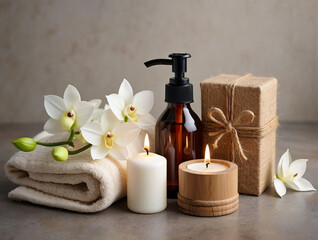 White orchids and spa items with lit candles wellness