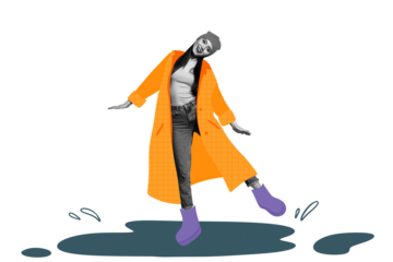 Composite photo collage of happy girl wear autumn raincoat boots stand puddle autumn weather rain season isolated on painted background