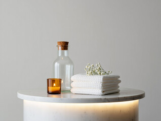 White towels and lit candle on marble table wellness