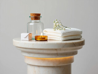 White towels and lit candle on marble pedestal wellness