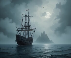 Obraz premium dark fantasy sailing ship traveling towards a misty castle on the sea under moonlight