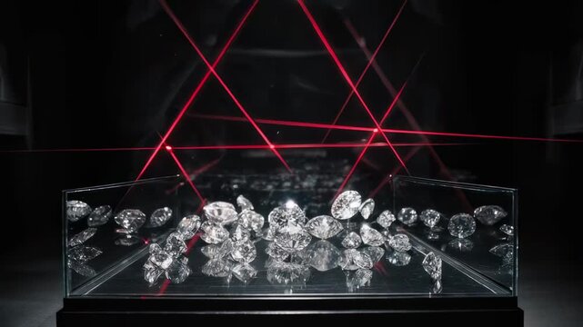 diamonds, red lasers, glass case, museum interior, dark museum, cinematic diamonds, sparkling gems, security lasers, heist scene, jewelry display, cinematic lighting, precious stones, diamond reflecti