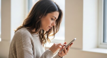 Young caucasian female using smartphone by window in casual setting