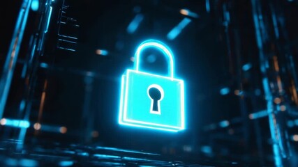 Digital lock icon glowing in futuristic cyber security environment - Powered by Adobe