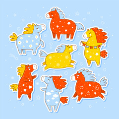 Set of cute сartoon horses stickers - funny animals for Your kawaii design - symbols of 2026 Chinese New Year