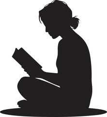 Silhouette of a young person sitting cross-legged reading a book vector