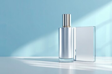 Silver bottle & case on white, blue background, sunny