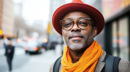 A mature African American man with glasses and a red hat poses in New York City. He wears a scarf, jacket, and backpack on a busy street during the day