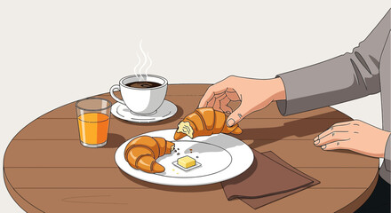 A delightful cartoon breakfast scene featuring coffee juice and croissants on a wooden table