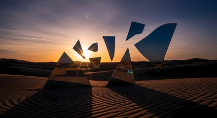 Broken mirror shards reflecting sunset in desert, abstract surreal landscape