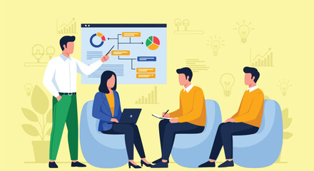 Vector illustration of team meeting in a modern office with comfortable seating, discussing a presentation on a screen