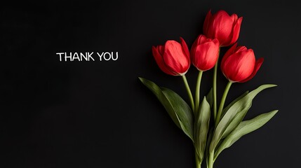 A bouquet of red tulips with a "Thank You" message against a black background, conveying gratitude and appreciation.