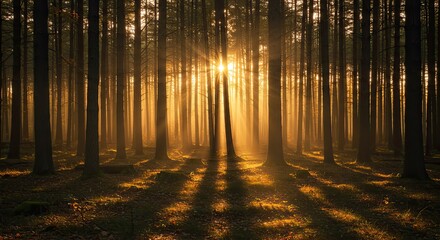 Aesthetic background a tranquil forest at sunset warm light and shadows. 
