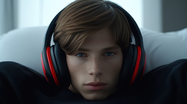 A young man with light brown hair and blue eyes is wearing black and red headphones while relaxing. He is indoors, possibly in a bedroom, lying on a white bed