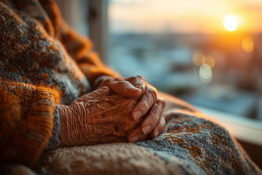 Elderly hands folded on lap in hospital bed, warm sunlight hospice care photo