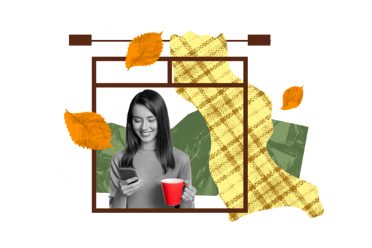 Composite photo collage of happy girl hold phone coffee cup home comfort indoor window autumn season isolated on painted background