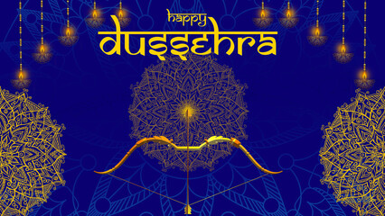 Happy Dussehra, illustration of a bow and arrow, symbolizing Dussehra, with a message of victory and triumph.
