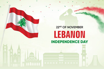 Lebanon Flag Waving With Army Soldier and Air Show On Skyline Background. Independence Day Concept Design Vector Illustration.