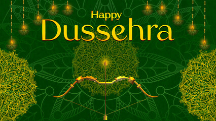 Happy Dussehra, illustration of a bow and arrow, symbolizing Dussehra, with a message of victory and triumph.
