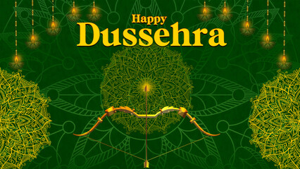 Happy Dussehra, illustration of a bow and arrow, symbolizing Dussehra, with a message of victory and triumph.
