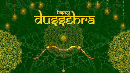 Happy Dussehra, illustration of a bow and arrow, symbolizing Dussehra, with a message of victory and triumph.

