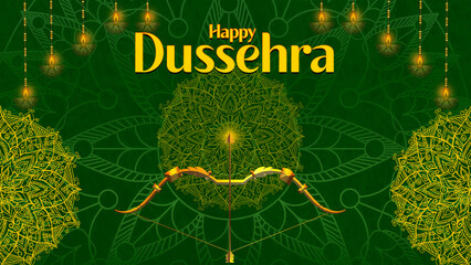 Happy Dussehra, illustration of a bow and arrow, symbolizing Dussehra, with a message of victory and triumph.
