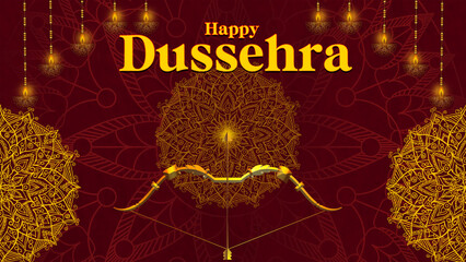 Happy Dussehra, illustration of a bow and arrow, symbolizing Dussehra, with a message of victory and triumph.
