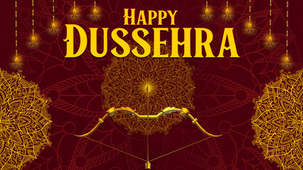 Happy Dussehra, illustration of a bow and arrow, symbolizing Dussehra, with a message of victory and triumph.
