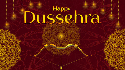 Happy Dussehra, illustration of a bow and arrow, symbolizing Dussehra, with a message of victory and triumph.
