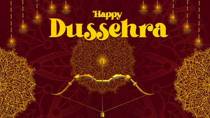 Happy Dussehra, illustration of a bow and arrow, symbolizing Dussehra, with a message of victory and triumph.
