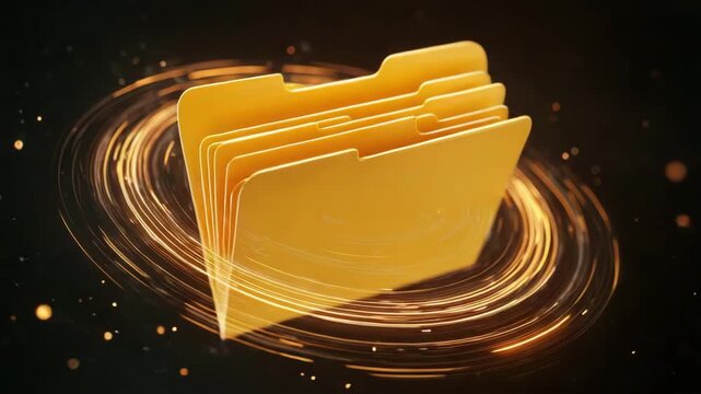 Yellow folder with multiple tabs spinning in a digital space  