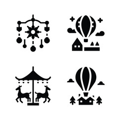 Charming Childhood Delights A Whimsical Collection of Decorative Mobile, Hot Air Balloon, and Carousel Illustrations for Playful Designs