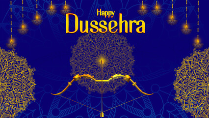 Happy Dussehra, illustration of a bow and arrow, symbolizing Dussehra, with a message of victory and triumph.
