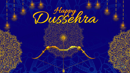 Happy Dussehra, illustration of a bow and arrow, symbolizing Dussehra, with a message of victory and triumph.
