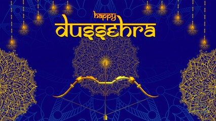 Happy Dussehra, illustration of a bow and arrow, symbolizing Dussehra, with a message of victory and triumph.
