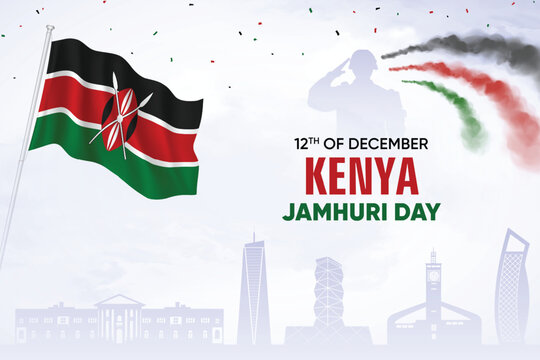 Kenya Flag Waving With Army Soldier and Air Show On Skyline Background. Jamhuri Day Concept Design Vector Illustration.