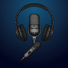Microphone and headphones in black on dark blue background  