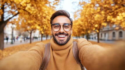 A smiling man with glasses and a backpack takes a selfie in a park during autumn. Trees with golden leaves line the path, and other people walk in the background