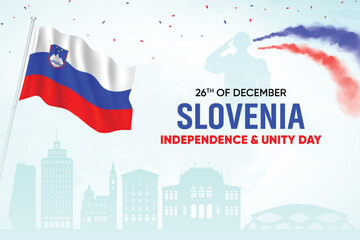 Slovenia Flag Waving With Army Soldier and Air Show On Skyline Background. Independence And Unity Day Concept Design Vector Illustration.