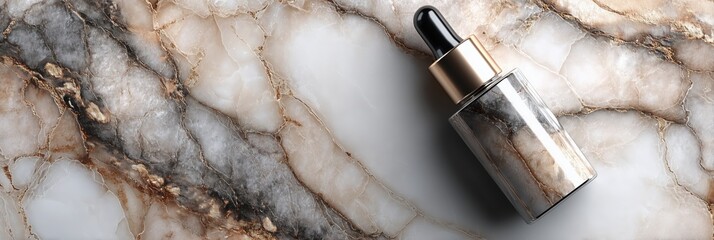 Luxury glass dropper bottle on polished marble surface with golden veins for premium skincare marketing.

