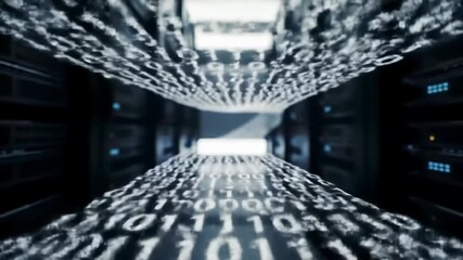 A data center hallway with binary code. Lights illuminate servers in darkness - Powered by Adobe