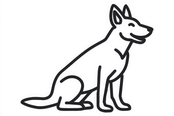 A simple line drawing of a sitting dog with a happy expression. The dog is outlined in black, showcasing its friendly demeanor. The artwork captures the essence of a playful pet.