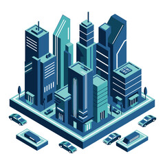 Isometric Cityscape with Modern Buildings and Cars. vector illustration