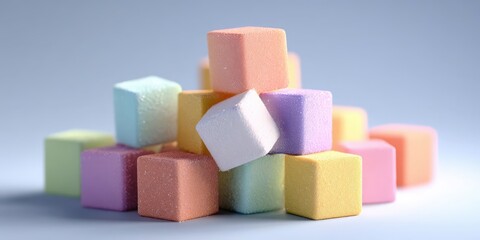Pastel Cubes Piled on White Surface Against Blue Background